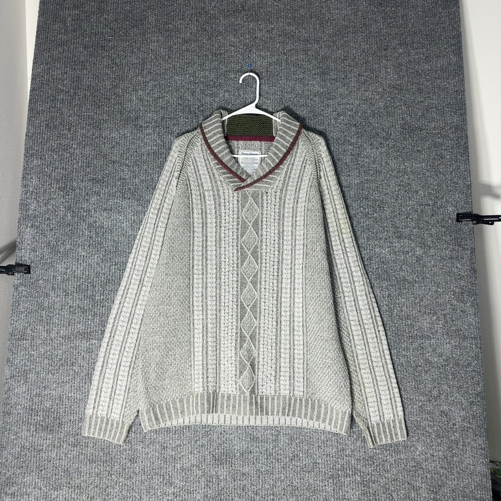 Tommy Bahama Shawl Neck Cable Knit Sweater Mens XL‎ Grey Heather Lambswool